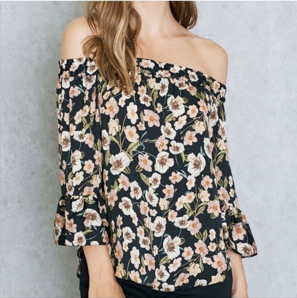 Topshop Off-Shoulder Ruffle Sleeve Floral Blouse - Picture 1 of 8
